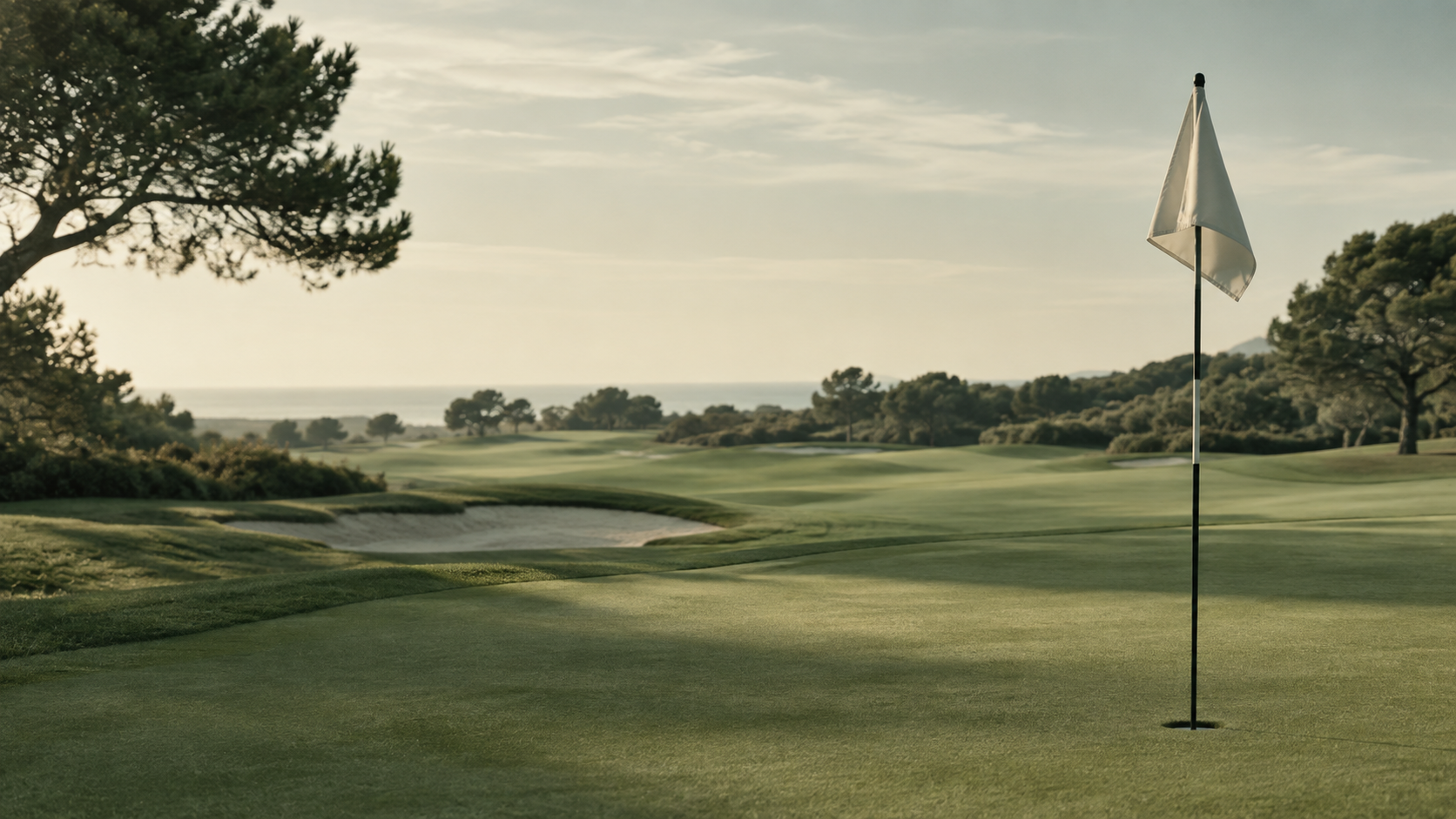 Campo de golf con bandera al atardecer
